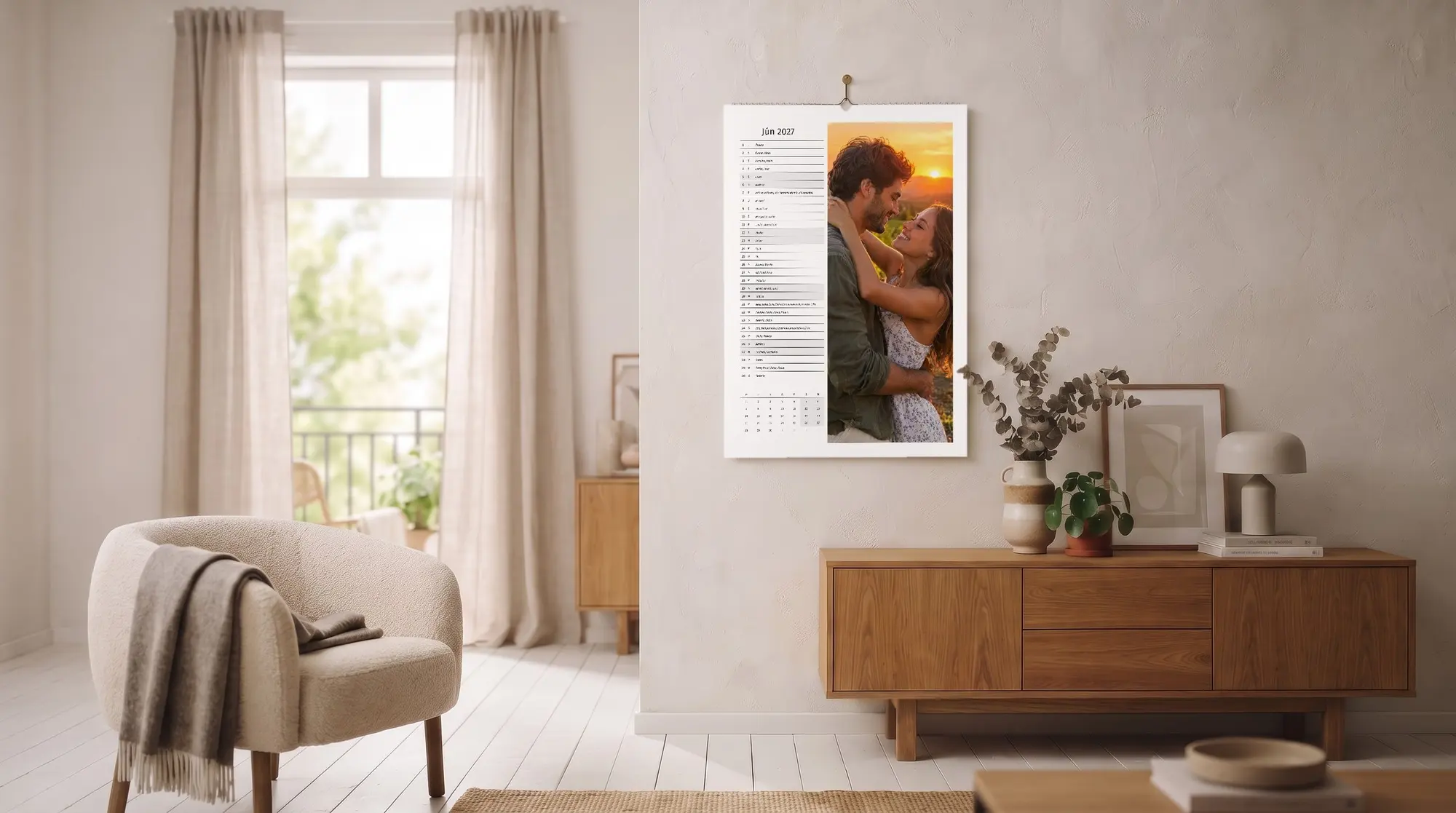 Nástenné fotokalendáre s rodinnými fotografiami na stene svetlej obývačky